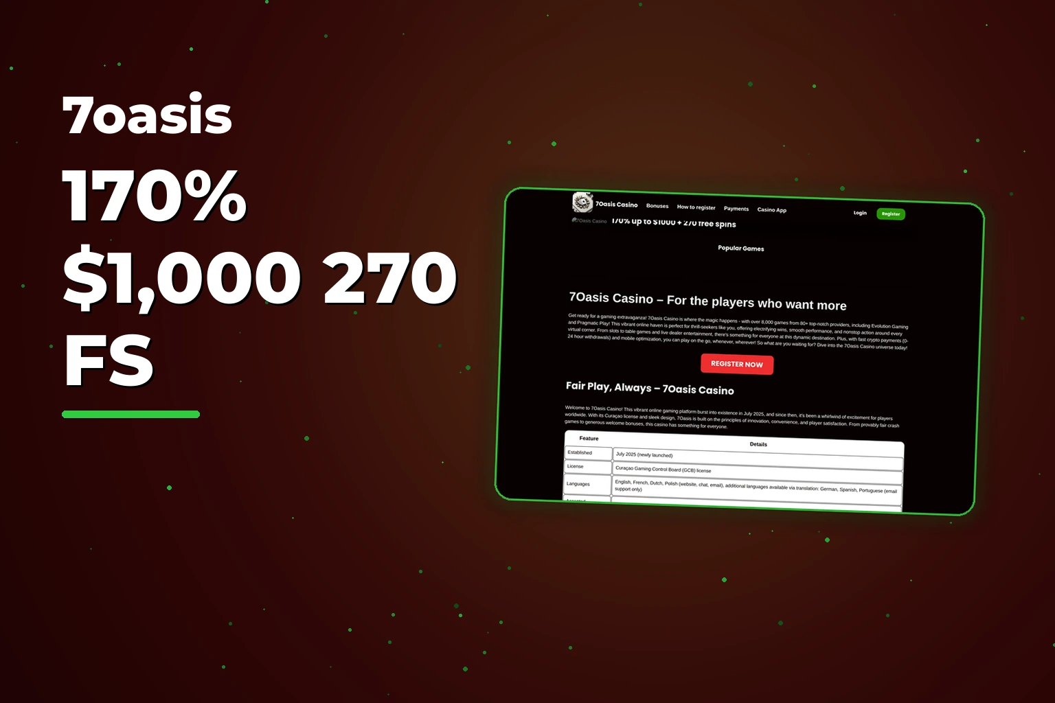 7Oasis Willkommensbonus Schweiz: 170% + 270 Freispiele 2026